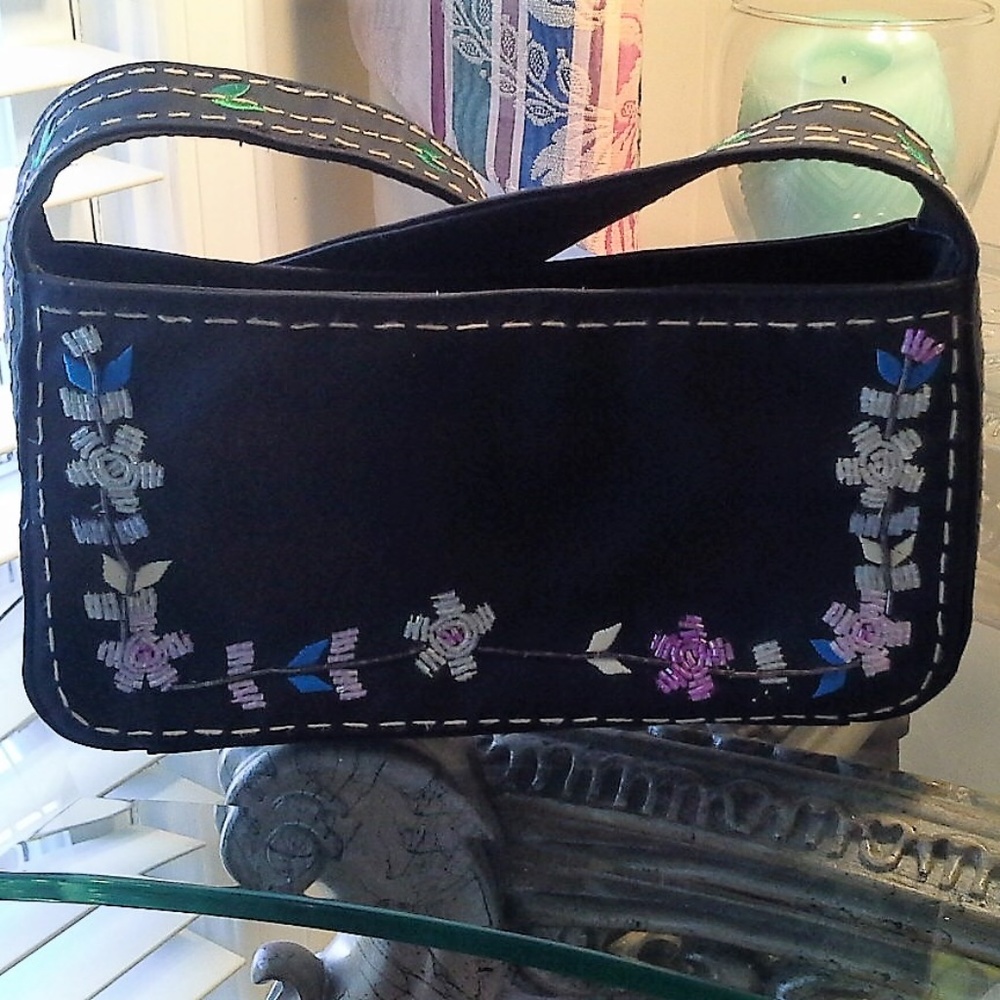 Black Shoulder Bag with Floral Embellished Beads